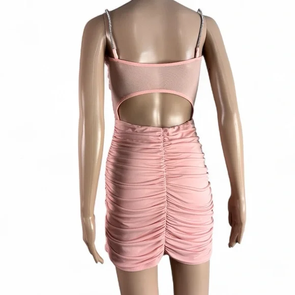 Lucy in the Sky Marsha Rhinestone Blush Pink Ruched Bodycon Mini Dress - Picture 5 of 8